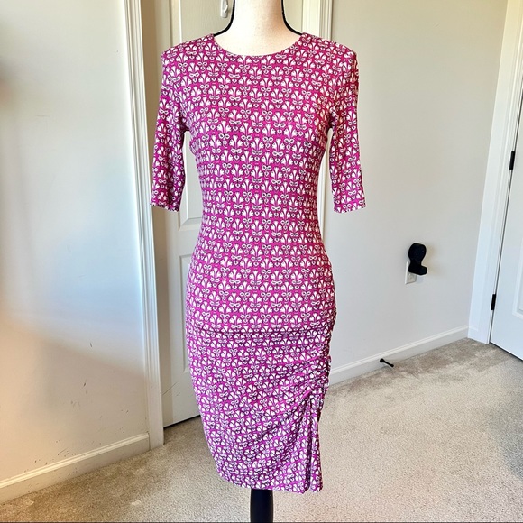 W BY WORTH 3/4 Sleeve Jersey Knit Floral Ruched Bodycon Dress—SZ. 2 - Picture 1 of 13